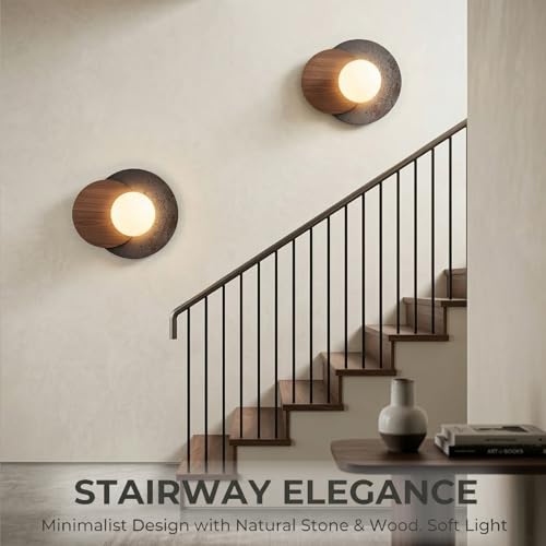 Image of Natural Travertine Wall Sconce, Minimalist Walnut & Stone Wall Light with G9 LED Bulb, Modern Geometric Globe Wall Lamp for Bedroom Bedside, Hallway, Living Room, Warm Organic Decor