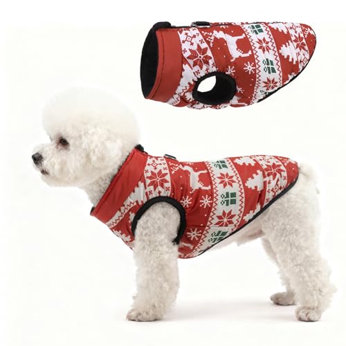 Image of SCENEREAL Christmas Winter Dog Vest Coat with Harness Built in | Warm Puppy Jacket for Small Medium Dogs, Cold Weather Coat with Zipper, Fleece Puffer Vest Windproof Snow Clothes