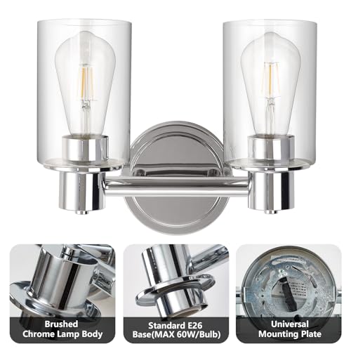 Image of 2 Light Bathroom Wall Sconce Light Fixtures with Clear Glass Bathroom Wall Lights Over Mirror Vanity Lights Chrome with E26 Base