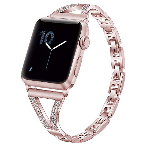 PUGO TOP Bracelet de Remplacement pour Apple Watch série 4 40mm/44mm iWatch série 3 2 1 38mm 42mm, Band réglable en métal Bling avec Strass pour iWatch (38mm/40mm, Or Rose (pour Les séries 1 et 2))