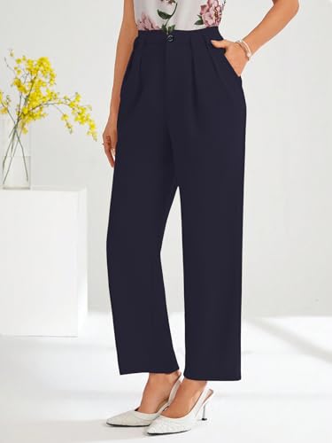 Image of Shasmi Women's High Waist Pleated Straight Leg Trousers - Elegant Solid Color Work Pants with Pockets, Casual Office Wear Polyester Blend Wide Leg Suit Pants (Trouser 235)