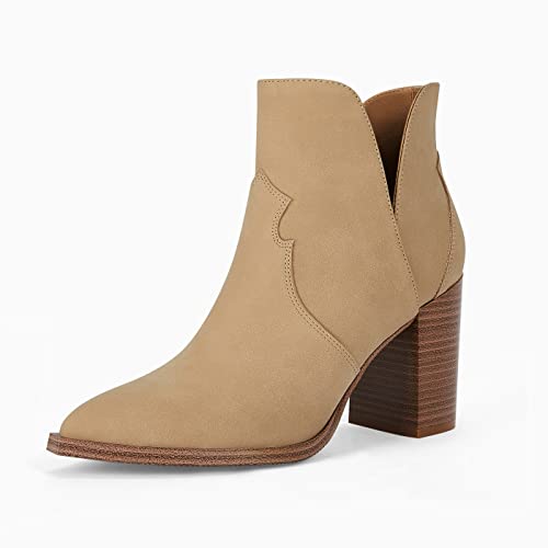 Coutgo Womens Cutout Ankle Boots Pointed Toe Chunky Heel Booties Back Zipper Slip on Western Boot Shoes4