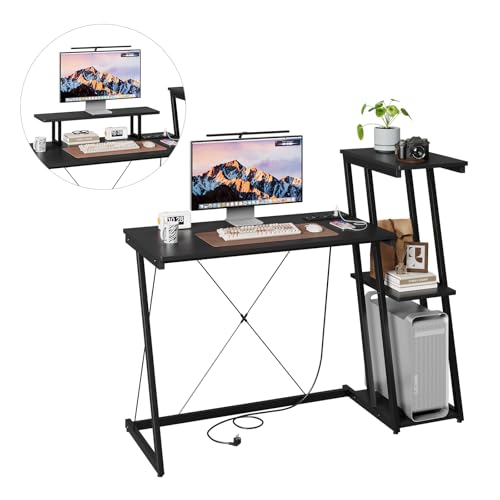 Dripex Escritorio con USB & enchufe, mesa de juegos con estante, mesa de ordenador con soporte para monitor extraíble, mesa de ordenador para ordenador para oficina en casa, escritorio esquinero