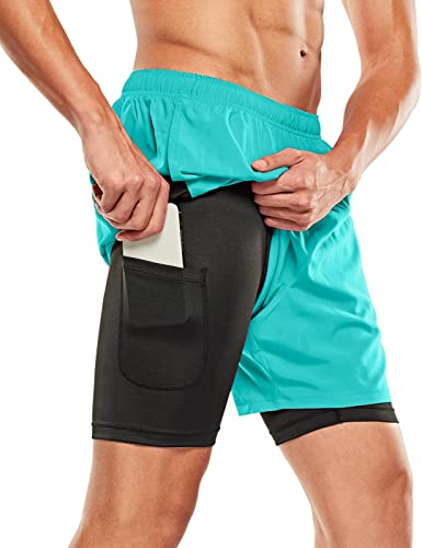 TSLA Men's 2 in 1 Active Running Shorts, Quick Dry Exercise Workout Shorts, Gym Training Athletic Shorts with Pockets MBH45-TEL_Large