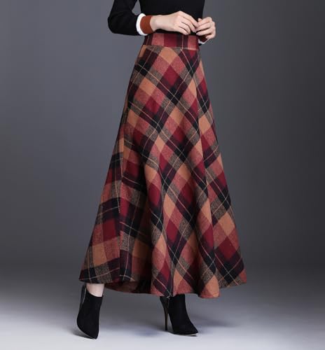Womens Plaid Wool Long Skirt Vintage High Waist A-line Fall/Winter Midi Skirt3