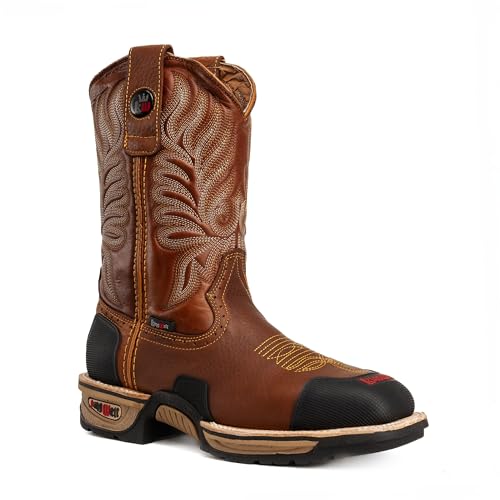 Buffalo Tan 10" Premium Leather Slip Resistant Mens Western Cowboy Work Boots, Steel Toe, Square Toe, Pull On, Abrasion Resistant Toe and Heel Guard2