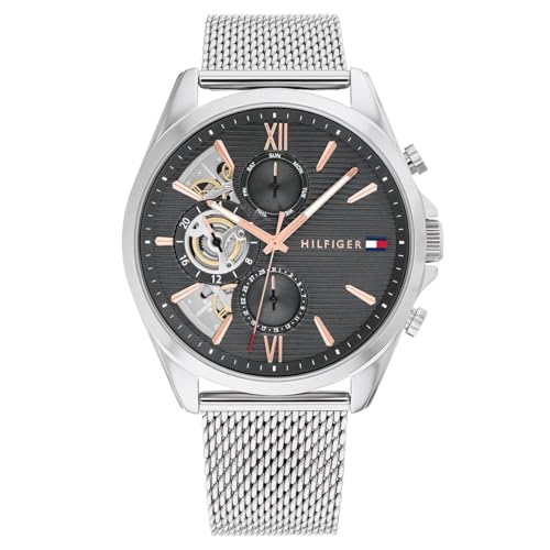 Tommy Hilfiger Multi Zifferblatt Quarz Uhr für Herren mit Silbernes Edelstahl-Mesh-Gliederarmband und Lederarmband