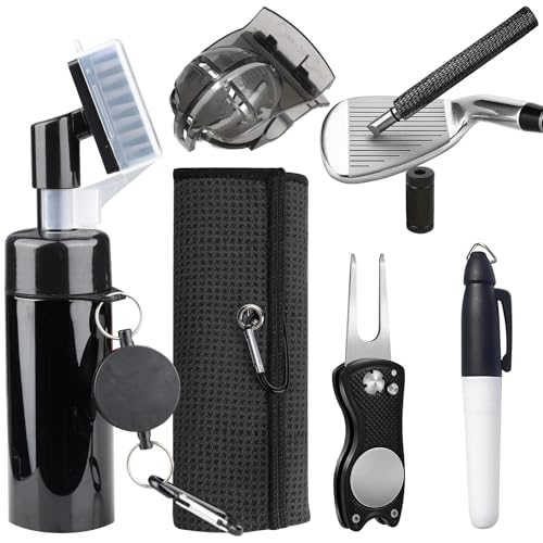 Tel Charme * Golf Club Cleaning Kit with Retractable Brush Built-In Water Spray (150ml) Microfiber Towel Divot Tool Groove Sharpener Ball Line Marker Pen - Efficient Golf Accessories Set for Men