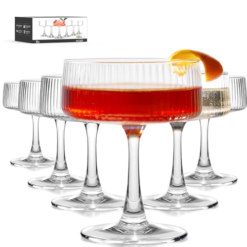 LUNA & MANTHA Coupe Glasses Set of 6, 10oz Ribbed...