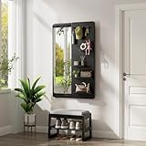 KungFuWood Full Length Mirror with Shelf and Hooks,Entry Way Mirrors for Wall,Wall Mirror with Shelf,Wall Mirror with Storage Multifunctional Design Panel,Living Room