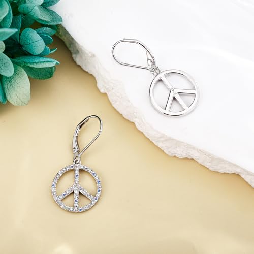 Peace Sign Earrings 925 Sterling Silver Colorful Rainstone Peace Sign Drop Earring for Women Hippie Accessories Jewelry for Women4