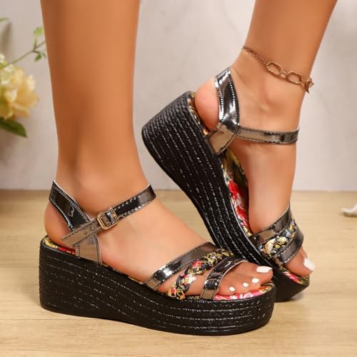 Womens Wedges Floral Print Sandals Summer Platform Bridal Evening Shoes 2.7 Inch Heel Hook and Loop Closure2