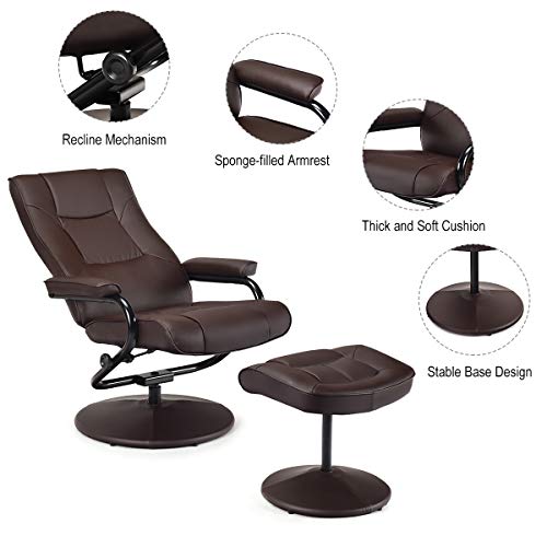 Giantex Recliner Chair W/Ottoman, 360 Degree Swivel Pu Leather Armchair W/Footrest, Leisure Lounge Chair W/Leather Wrapped Base, For Home Living Room, Brown #TOP2