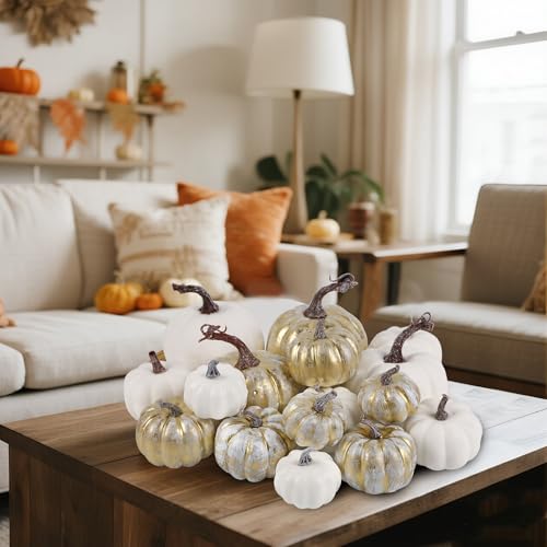 Image of winemana 16 Pcs Golden and White Pumpkins Fall Decorations for Home | Assorted Sizes, Artificial Foam Pumpkin, Thanksgiving Table Decorations, Harvest Autumn Decor, For Indoor Home Kitchen Mantle