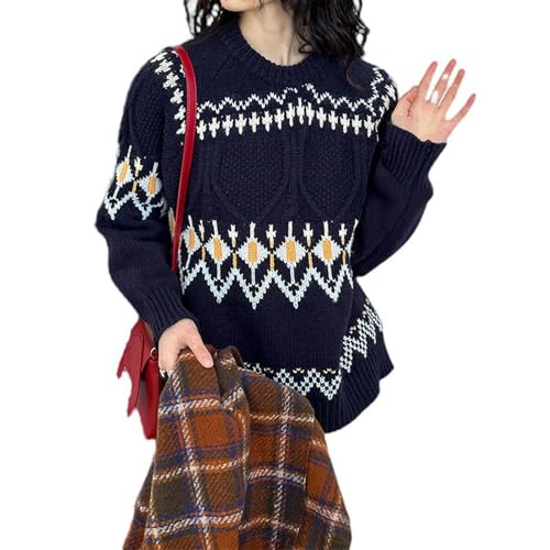 Winter Christmas Holiday Sweater Round Neck Gentle Age-Reducing Fashion Knitted Top - Navy Blue - One Size2