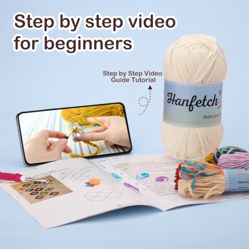 Image of Hanfetch Crochet Kit for Advanced or Intermediate Beginner, Step by Step Video Tutorial and Detailed Guide Instruction DIY Craft Supplies for Adult and Kid with Complete Kit for Granny Square Tote Bag