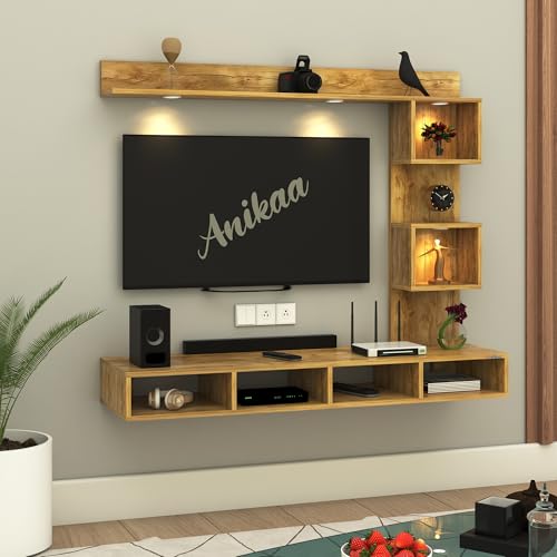 Image of Anikaa Kirina Engineered Wood Wall Mount TV Unit with LED Lights TV Cabinet TV Entertainment Unit Set Top Box Stand (Giantwood) (Ideal for 43 Inch)(D.I.Y)