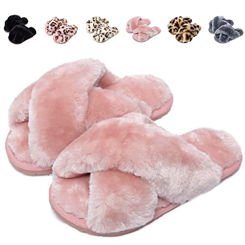 Fadezar Girls Fluffy Slippers Warm Plush Memory Foam Slippers for Kids Cute Leopard Print House Slippers Open Toe Slip on Slider Slippers Pink UK 10.5/11.5 (Label Size 30/31)