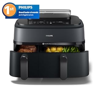 Philips Airfryer Serie 5000 doppio cestello con vapore-Frittura ad aria, cottura a vapore o combinata 19 metodi di cottura; Capacità 9L (3L + 6L), Tecnologia RapidAir Plus, Auto SteamClean (NA550/00)