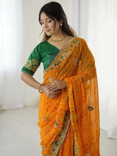 Image of Satrani Women's Georgette Bandhani Printed Embroidered gota lace Saree with Unstitched Blouse Piece