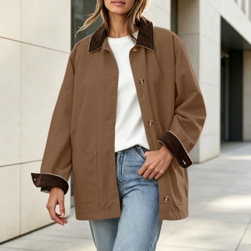 Womens Barn Jacket Corduroy Collar Cuffs Lightweight Button Front Pockets - image 5