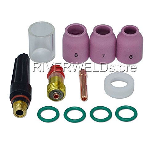 Image of RIVERWELD TIG Stubby Gas Lens Collet Bodies 1 /8 inch Ceramic Cups 53N kit 12pcs | 17GL18 10N25S 3.2mm Quartz Nozzle Clear Glass Cup #10 5 /8 inch 16mm for DB SR WP 17 18 26 TIG Welding Torch