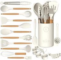 Silicone Cooking Utensils Set - Silicone Kitchen Utensils for Cooking Wooden Handles, 446°F Heat Resistant Kitchen Utensil Spatula Sets w Holder, Gadgets for Non-Stick Cookware BPA Free (Cream White)