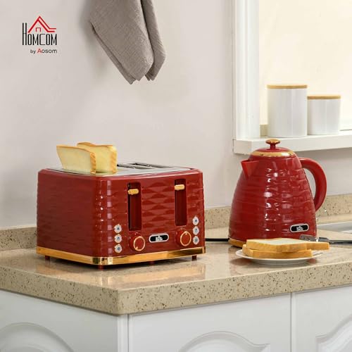 HOMCOM Kettle and Toaster Sets, 3000W 1.7L Rapid Boil Kettle & 4 Slice Toaster with 7 Browning Controls, Defrost, Reheat and Crumb Tray, UK Otter Thermostat, Red