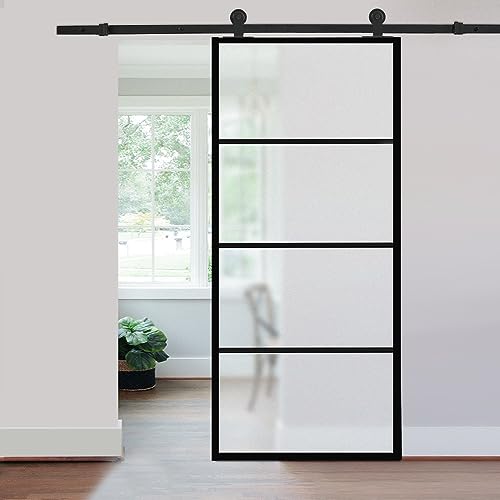 Puerta corredera de cristal esmerilado interior con riel de 1,8 m para baños, cocinas, salas de estar, dormitorios, dimensiones de 90 x 205 cm