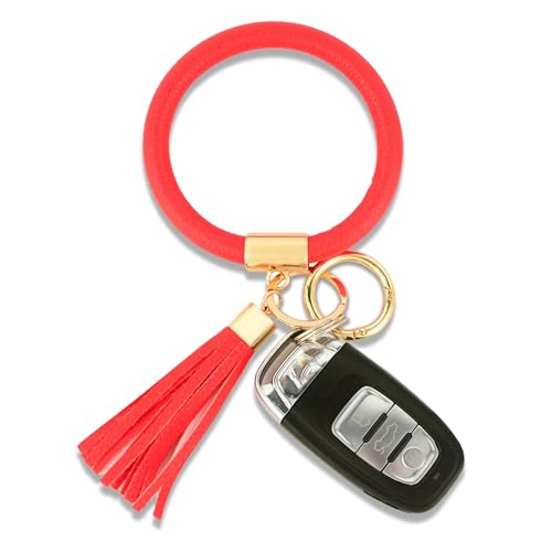Coolcos Key Ring Bracelet Wristlet Keychain Bangle Keyring - Portable Leather Tassel Bracelet Keys Holder Women Gift, Red, L