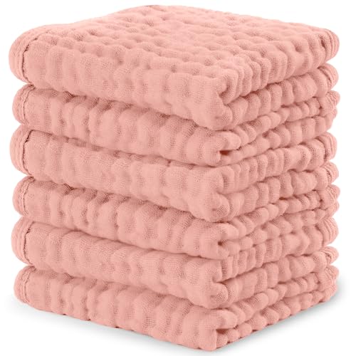 Image of Comfy Cubs Muslin Baby Washcloths 6 Pack - Soft 6-Layer Cotton Wash Cloths for Sensitive Skin - 10 inchx10 inch Large, Gentle, Absorbent Infant Essentials for Newborn and Toddlers - Bold Blush