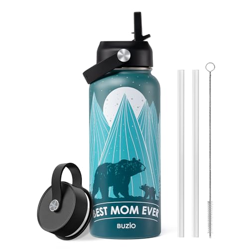 BUZIO Gifts for Mom Birthday, 32oz Best Mom Water Bottle for Mother Gift, Bear Mama Hydro Water Flask with Straw Lid, Stainless Steel Insulated Vacuum Metal Tumbler from Daughter Son, Cold for 48Hrs