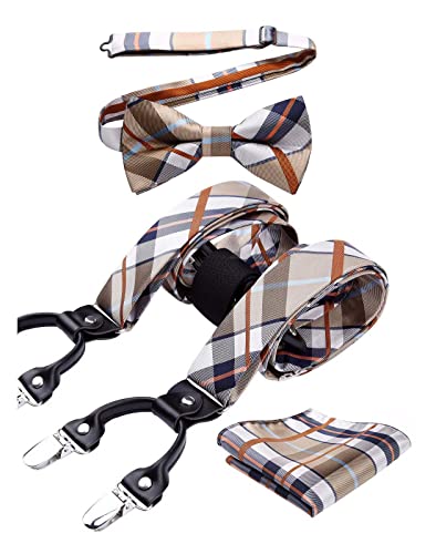 HISDERN Hosenträger Set Für Herren Fliege Hosenträger Einstecktuch Set Beige Kariert Hochzeit Klassische Verstellbar Y Form Mit 6 Stark Clips Taschentuch Braces One Size Cover