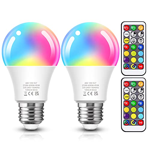 JandCase E27 Color Changing Light Bulb,10W Remote Control Colour Light Bulbs, LED RGB+Cool/Warm White(2700K-6000K), E27 Edison Screw Light Bulb 100W, 17 Color Choices for Home, Party, Bar, 2 Pack