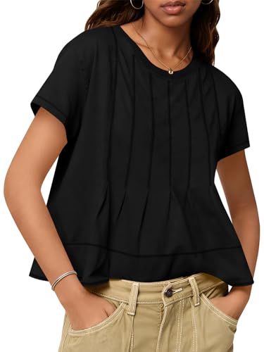 Tankaneo Womens Babydoll Tops Short Sleeve Peplum Pleated Summer T-Shirts Casual Loose Fit Flowy Tshirts 2025 Black