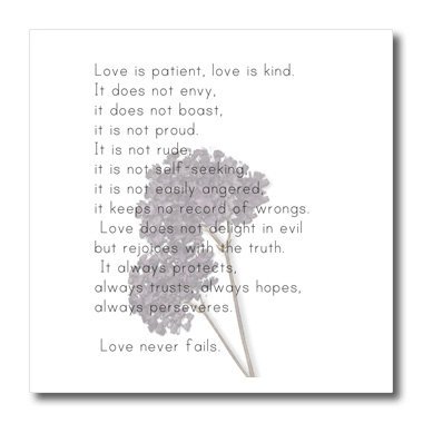 10x10 Iron on Heat Transfer for White Material - Love is Patient, Love is Kind Verse with Lavender Flowers - Inspirational PS Inspirations