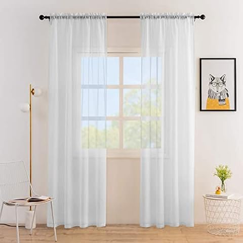 Anjee White Sheer Curtains 96 inches Length 2 Panels Rod Pocket Voile Curtain Semi Sheer Curtain for Bedroom Living Room Dining Room 52 x 96 Inches, White Cover