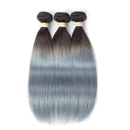 Beauhair Dark Roots Silver Grey Ombre 4x4 Lace Closure With Weaves Extensions Silky Straight 1B/Grey Ombre Brazilian Human Hair 3 Bundles With Closure(20 22 24+18Closure)
