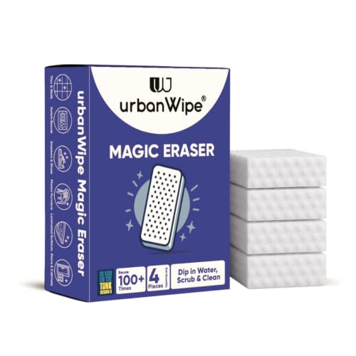 Image of UrbanWipe Magic Eraser Cleaning Sponge | Pack of 4 | Powerful Multi-Purpose Stain Remover | No Chemicals Required | Effortlessly Cleans Walls, Kitchens, Bathrooms, Shoes, Switch Boards & More