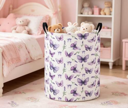 Image of Baby Laundry Basket Kids Hamper Toy Storage Bin for Boys Room Decor Baby Nursery Hamper Gift Baskets for Bedroom Bathroom(Lavender Butterfly)