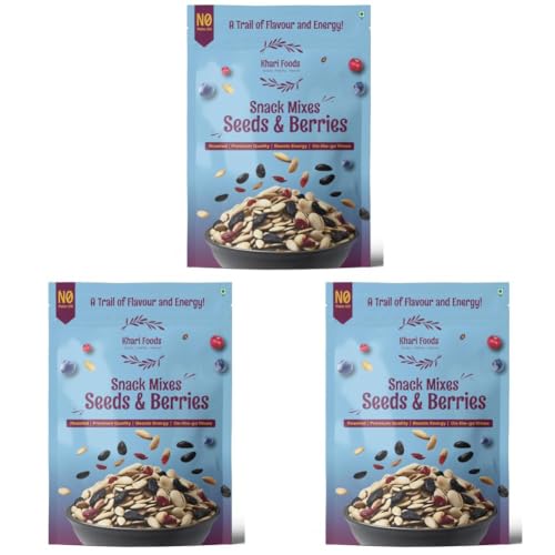 Image of Khari Foods Seeds Berries Snack Trail Mix, 6 in 1 Mix, Roasted Pumpkin, Sunflower, Watermelon Seeds, Cranberries, Black Raisins, Blueberries, Fibre & Protein Rich, No Palm Oil (200g) (Pack of 3)