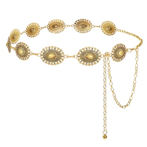 LEACOOLKEY Western Concho Belt for Women Cowgirl Boho Waist Chain Belt for Dresses Jeans Pants Gold