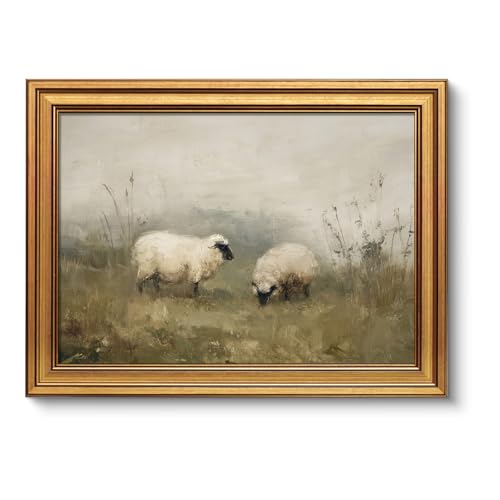 Image of VIYYIEA Vintage Gold Framed Wall Art for Living Room, Sheep Canvas Prints Home Decor, Oil Painting Picture, Bedroom Wall Decor Gifts for Friends or Family -【Valais Blacknose Sheep】-(16L x 12W)