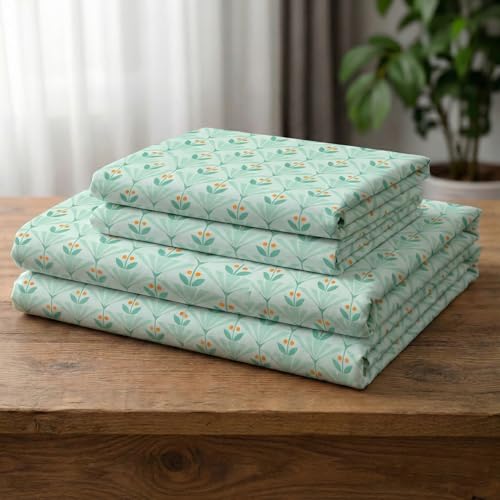 Image of HOMEKART 100% Cotton Feel Double Bed Bedsheet Set | 180tc to 220tc Soft & Breathable with 2 Pillow Covers | Wrinkle Free | for Bedroom & Gifting (Color -Green flowral, 90 x 90 Inches)