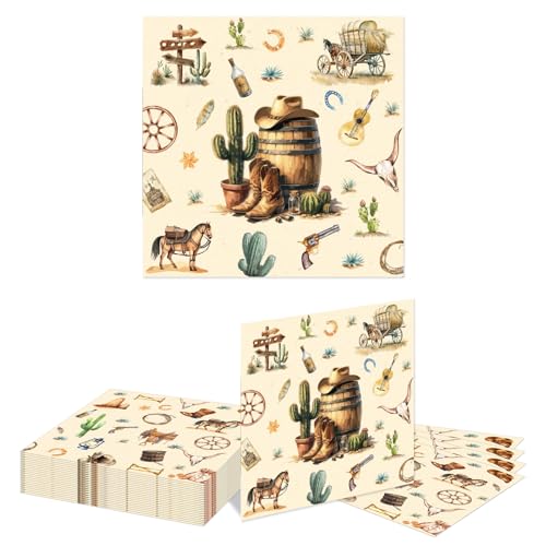 GlamRays Serviettes en Papier Western Cowboy 20 pièces 32x32cm Décoration de fête Cowboy avec Motifs de Pistolet, Bottes et Chapeau Parfait pour...