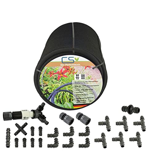 CS Perlschlauch Profi 50m mit Zubehör Set für die Gartenbewässerung/Flächenbewässerung/Rasenbewässerung mit bis zu 70% Wasserersparnis bei unterirdischer Verlegung