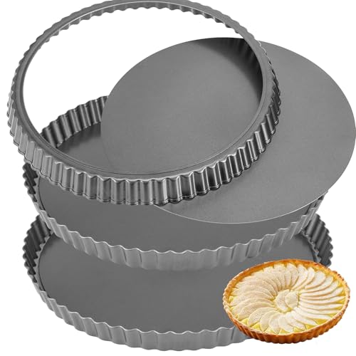 HAKZEON 3 Pack 30 cm Quiche Tart Pan, Non-Stick Fluted Tart Tin with Loose Base for Creating Creamy Chocolate Cheesecakes Tarts Fruit Tart Pies Brownies Quiches, 12 Inch, Grey