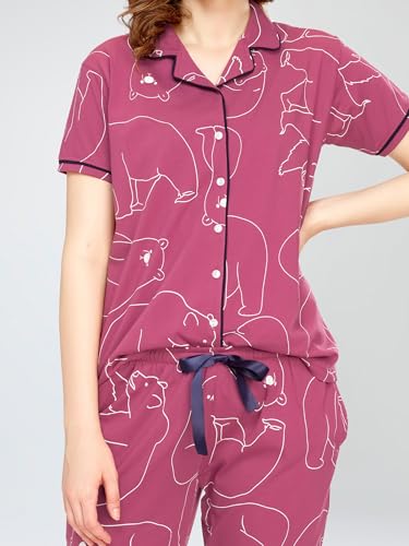 Image of ZEYO Night Suit for Women's Polar Bear Printed Cotton Night Dress of Shirt and Pajama Set 5756