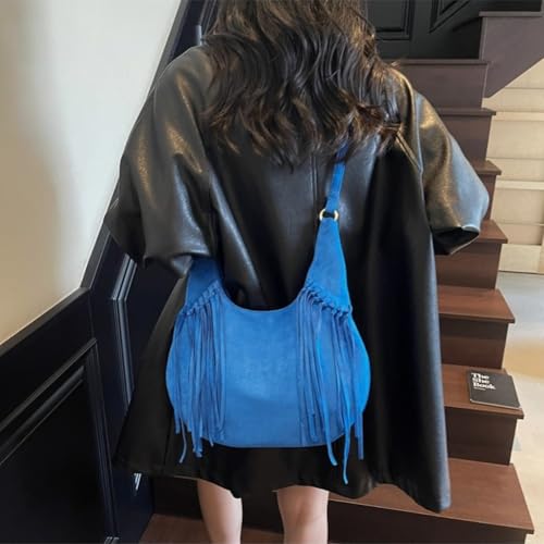 Women's Frosted Fringe Hobo Bag, Suede Leather Fashion Underarm Shoulder Purse, Novelty Tassel Bucket Crossbody Bag4