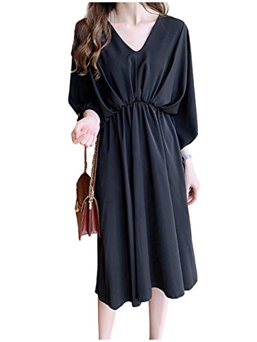 [ライオンガーデン] LG178 XL ブラック 黒色 クロ 黒 くろ モノクロ モノトーン 3色展開 Aライン ワンピース Vネック ひざ丈 フェミニン 可愛い 長袖 秋 長そで カットソー トップス ワンピ ドレス きれいめ 通勤 おしゃれ カジュアル オフィス ひざ下 韓国 カワイイ 大きいサイズ ゆったり 体型カバー 着心地 女性 女子 20代 30代 40代 50代 60代 パーティ